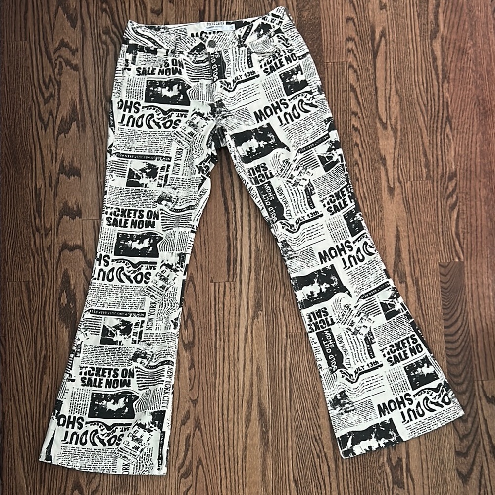 Garage Black and White Flare Jeans with Newspaper Print